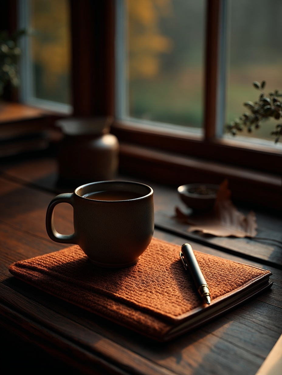 Notizbuch mit Kaffee am Fenster